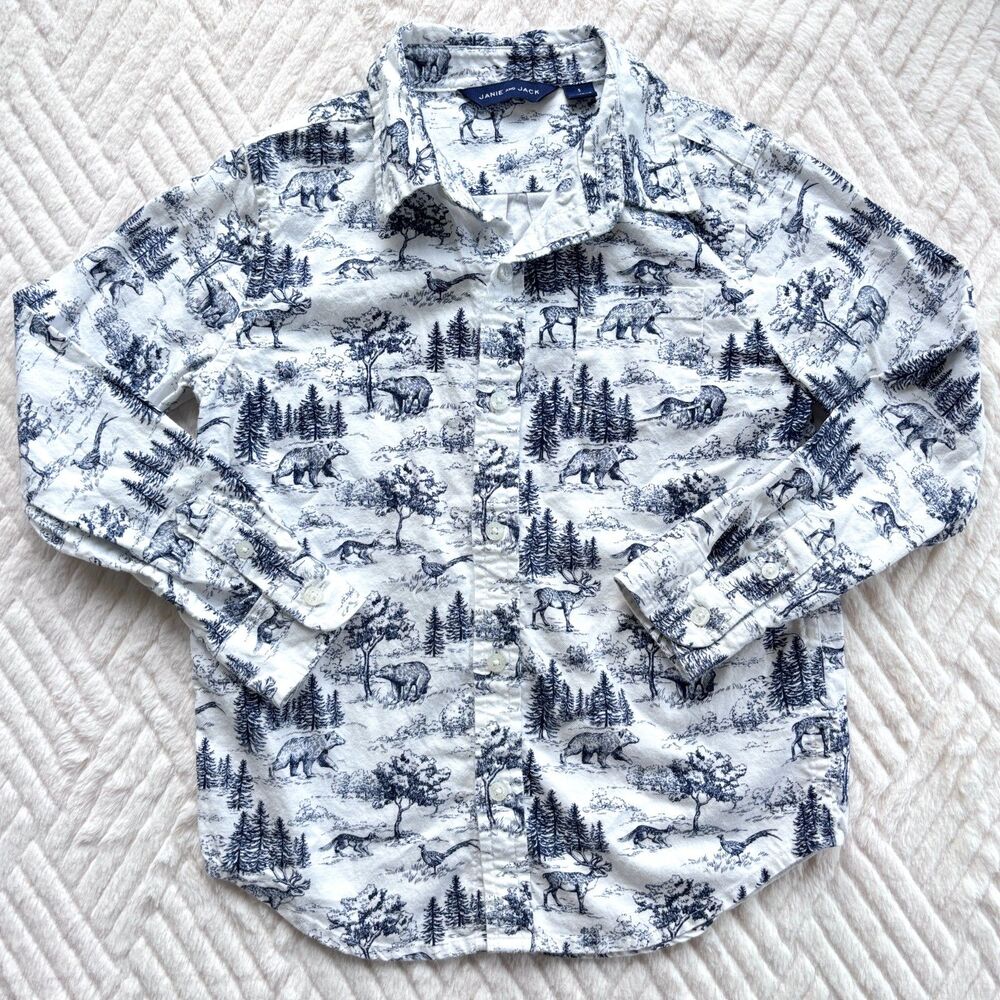 Janie and Jack Boys Size 5 Woodland Toile Bear Cotton Flannel Button Up Shirt